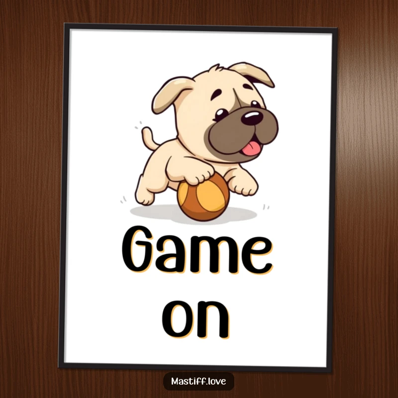Funny cute mastiff puppy, playfully chasing a rolling ball, charming digital art print, perfect funny gift.