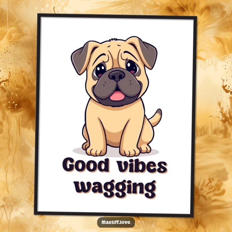 Funny kawaii mastiff wagging digital art print, a cute dog with floppy ears and a furiously wagging tail, full of joy.