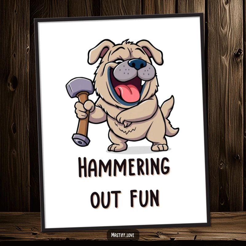 Funny Jovial Mastiff Digital Art Print of a happy dog roaring with laughter while holding a giant squeaky hammer with a wide, gleeful grin.