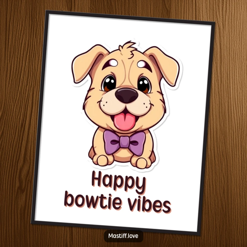 Funny mastiff digital art print of a cute dog wearing a bowtie and panting happily, ready for download.