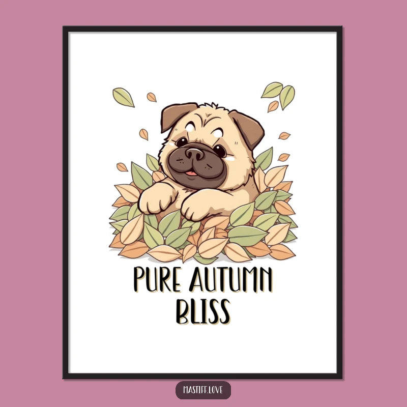 Happy Kawaii Mastiff Leaves Digital Art: Rolling Dog Fun, Instant Autumn Decor