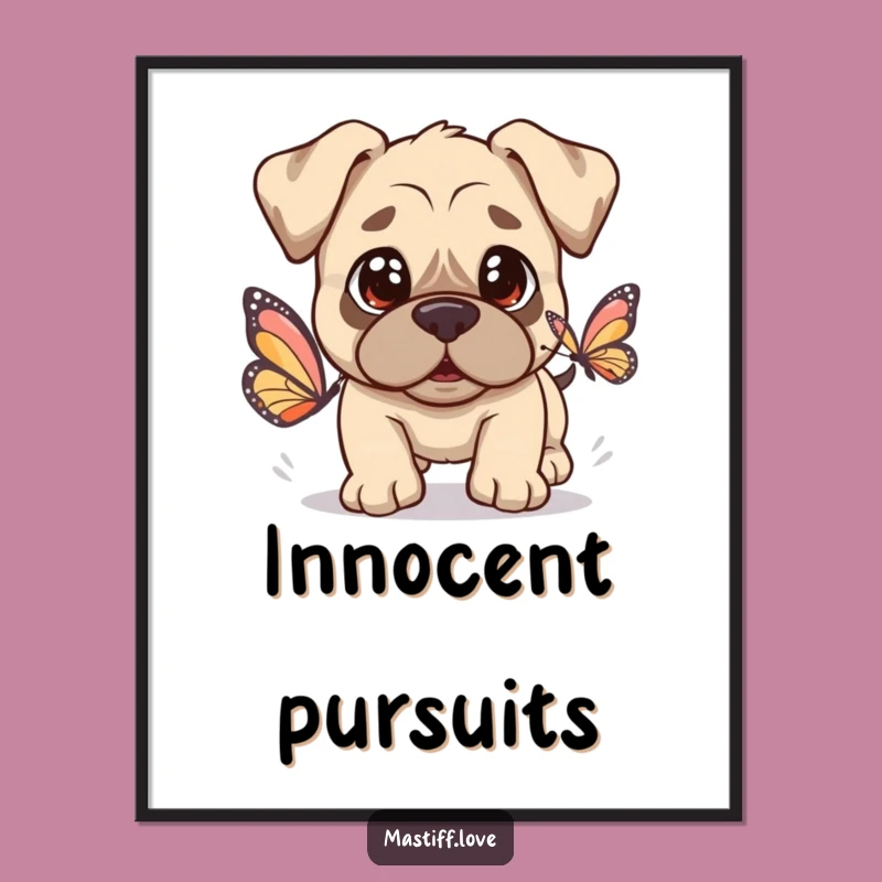 Kawaii Mastiff Butterfly Digital Art: Innocent Dog Chasing Butterfly, Instant Cute Decor