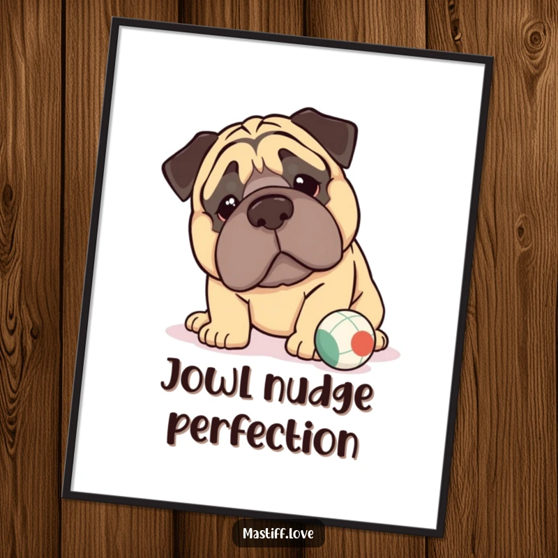 Funny kawaii mastiff digital art print featuring a sweet mastiff with oversized jowls gently nudging a ball, perfect for cute decor.