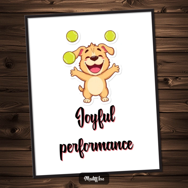 Funny digital art print of a happy mastiff character skillfully juggling three tennis balls with an expression of pure delight.