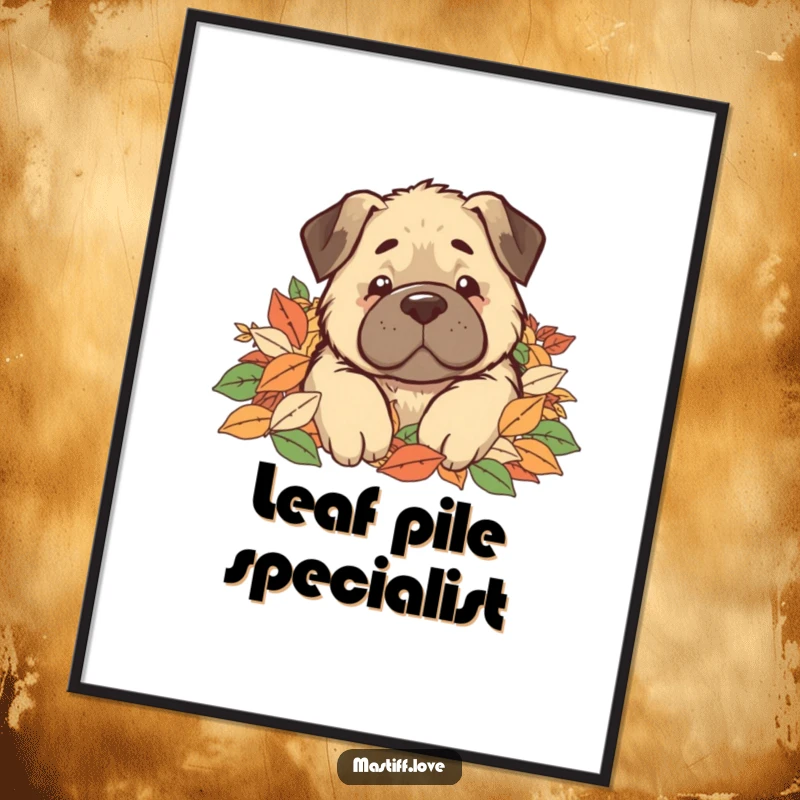Funny Digital Art Print of a kawaii mastiff dog comically buried in a large pile of colorful autumn leaves, with only its face visible.