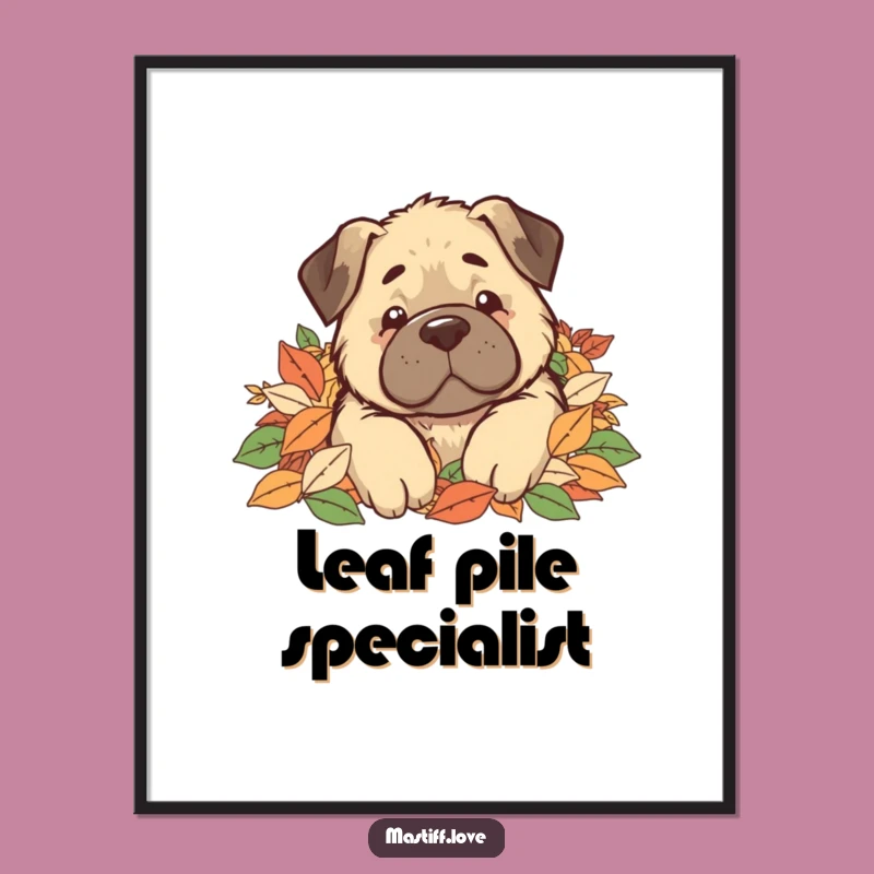 Funny Kawaii Mastiff Leaf Pile Art Print, Buried Dog Wall Decor Gift