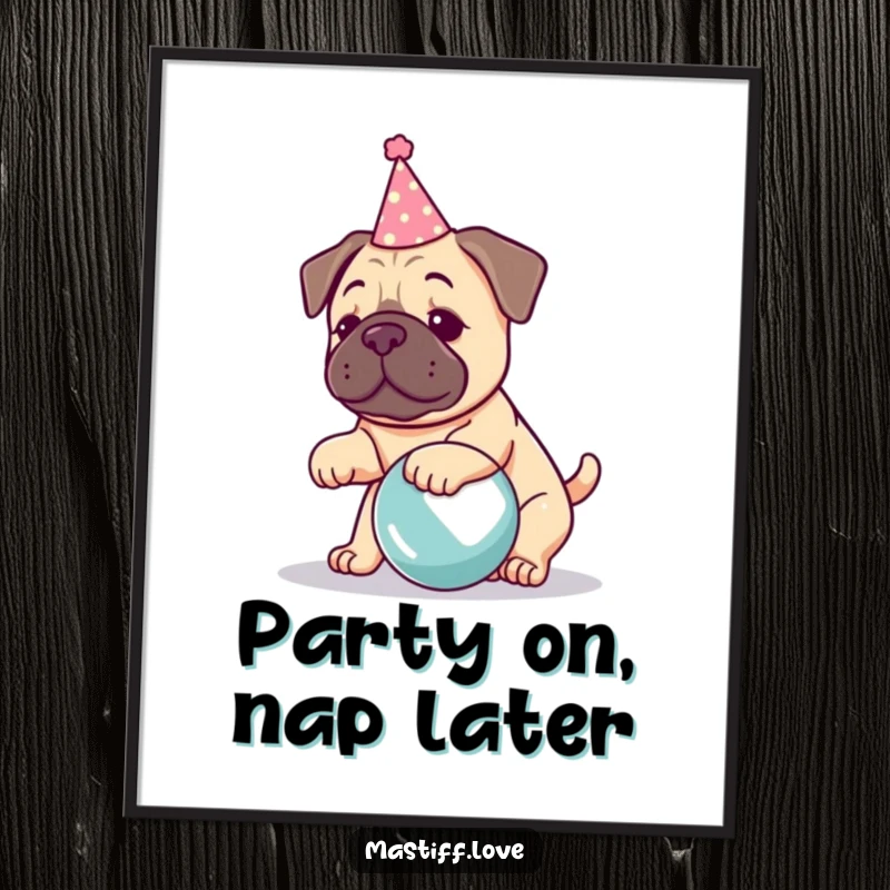 Funny kawaii mastiff party digital art print, a dog wearing a party hat playing with a giant ball, full of energy.