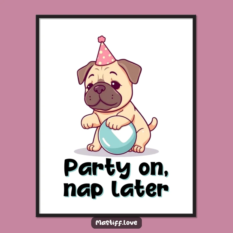 Funny Kawaii Mastiff Party Digital Art: Festive Pup Play, Instant Decor Gift