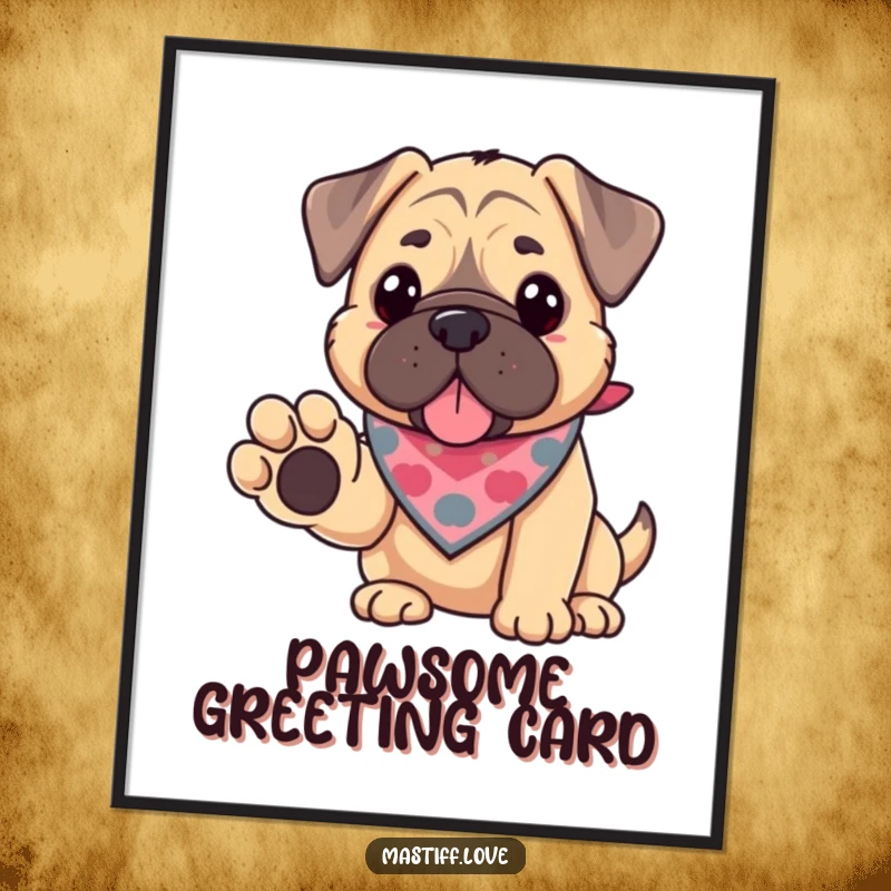 Funny kawaii mastiff digital art print, a cute dog wearing a bandana, offering its paw in a gesture of friendship.
