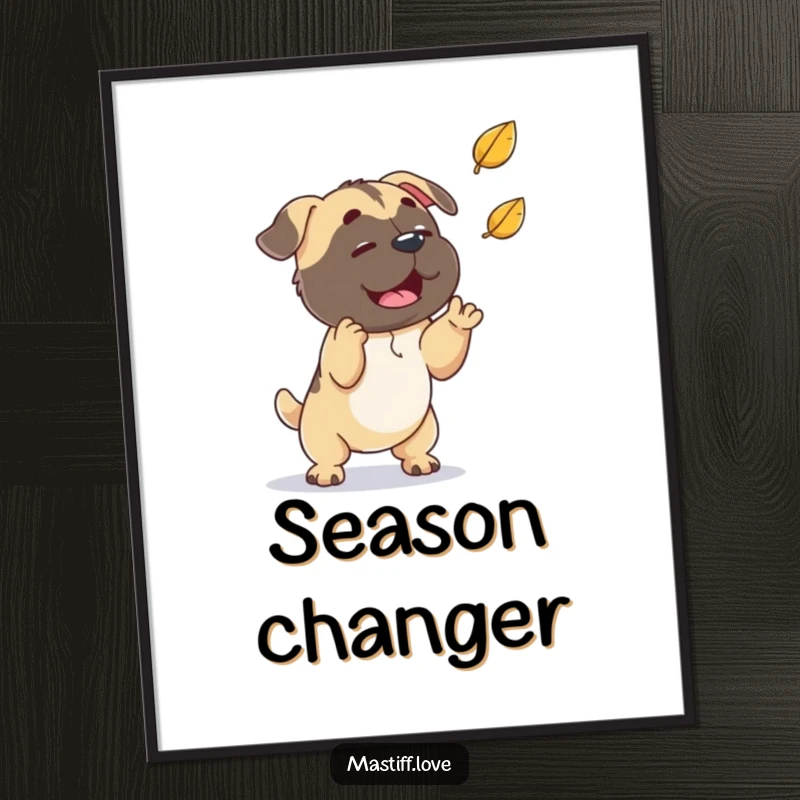 Funny playful mastiff, trying to catch a falling leaf, charming digital art print, perfect funny gift.