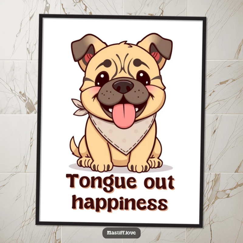 Funny Kawaii Mastiff Digital Art Print: Art of a happy mastiff wearing a bandana, tongue lolling out with infectious joy.