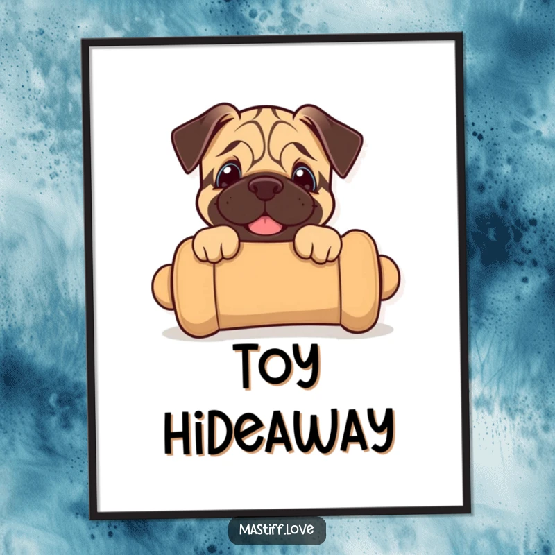 Funny mastiff puppy digital art print of a joyful puppy peeking from an oversized chew toy, ready for download.