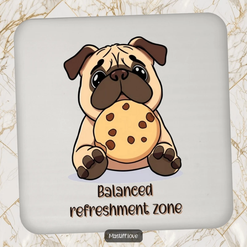 Funny kawaii mastiff coaster, a cute dog balancing a large cookie on its nose, protecting surfaces with humor.