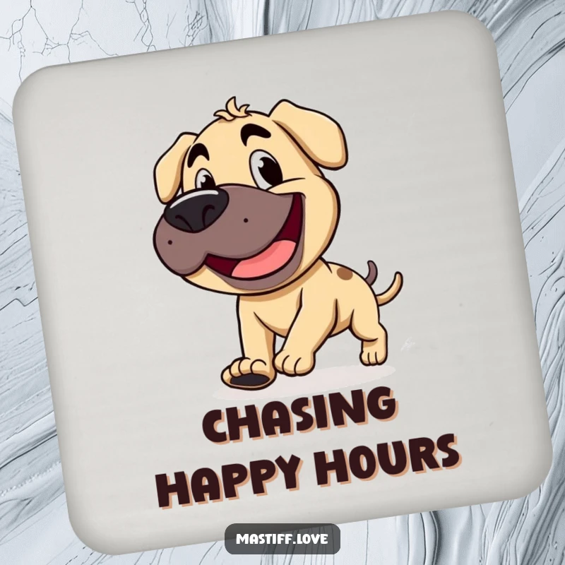 Funny mastiff with a wide, goofy grin, chasing its stubby tail, featured on drink coasters for silly table protection.