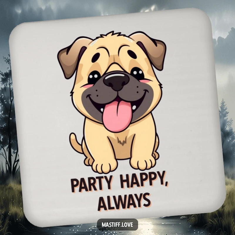 Funny Happy Mastiff Coaster: A mastiff expresses extreme happiness with a full-body wag and lolling tongue on this amusing coaster.