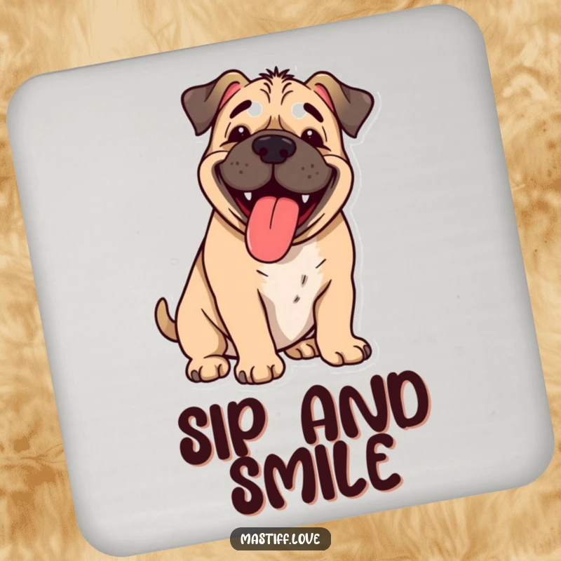 Funny happy mastiff, tongue lolling out, panting with cartoon joy, set of drink coasters, perfect funny gift.