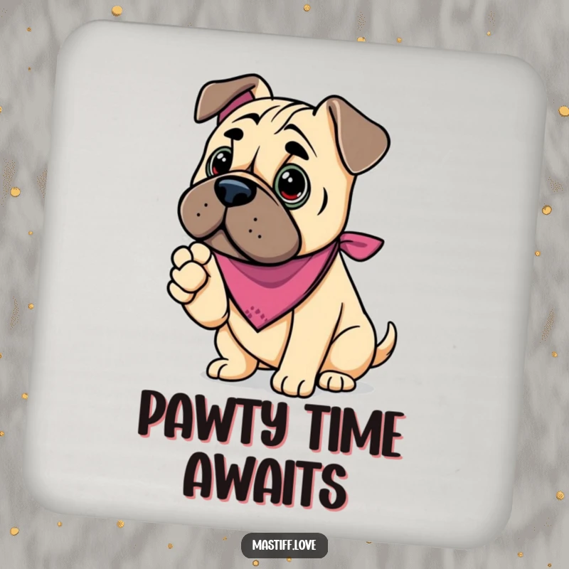 Funny kawaii mastiff coaster, a dog in a bandana offering its paw, protecting surfaces.