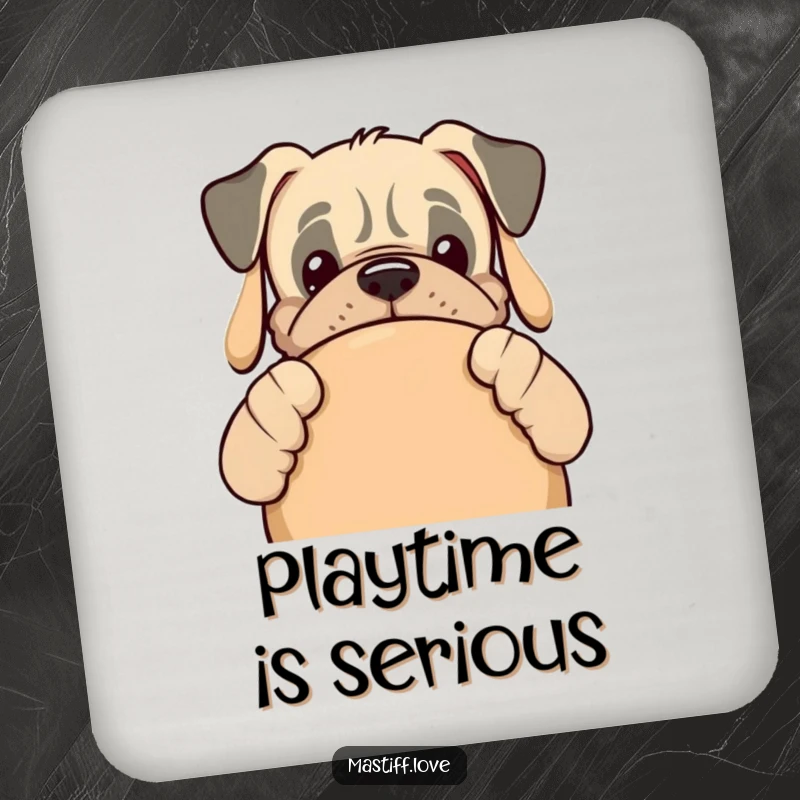 Funny kawaii mastiff dog peeking out from behind a giant dog toy on a protective drink coaster.