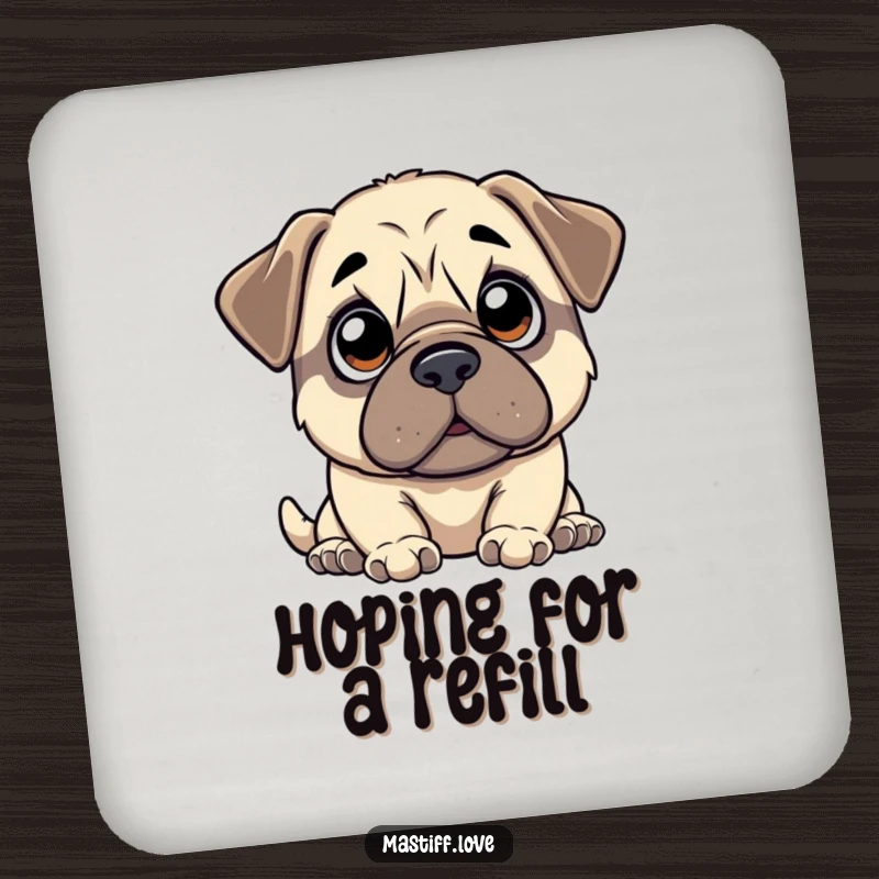 Funny kawaii mastiff coasters (set of 4) protecting surfaces with images of a mastiff with wide, innocent eyes looking up with anticipation.