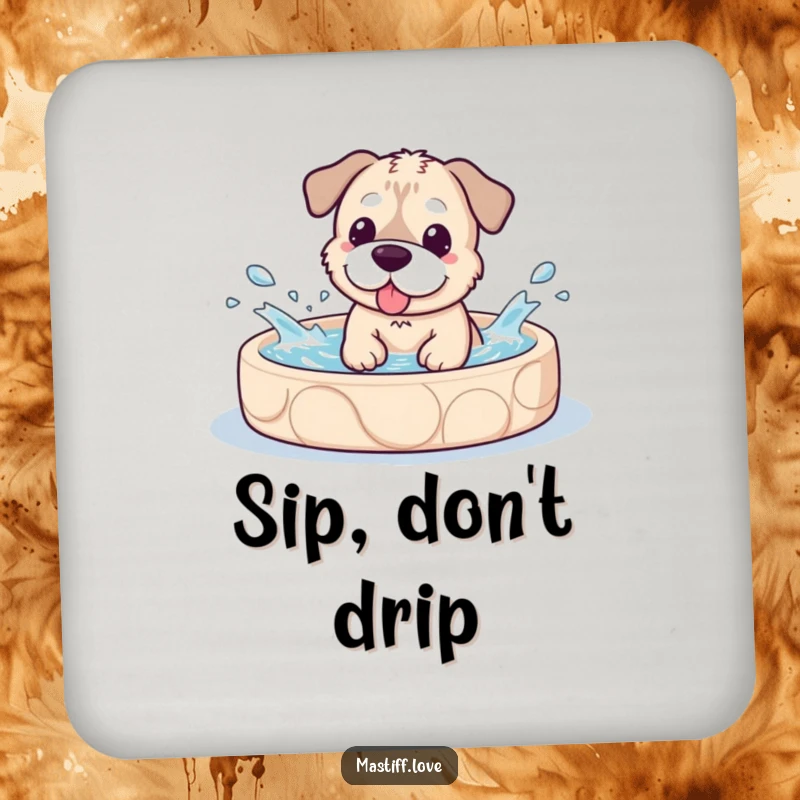 Funny Drink Coasters showing a kawaii mastiff dog splashing happily in a small pool, adding cute protection to surfaces.