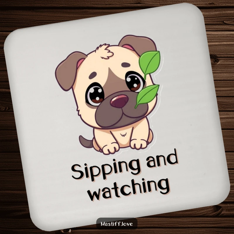 Funny drink coaster featuring a cute mastiff character with wide eyes, intently watching a fluttering leaf.