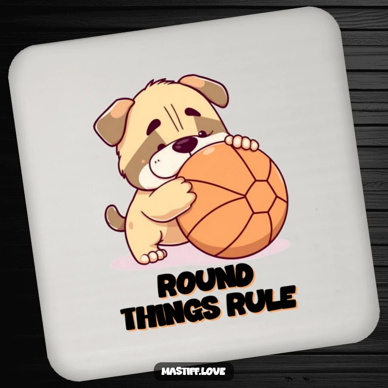 Funny mastiff coaster featuring a cute dog playfully nudging a large ball, perfect for protecting surfaces.
