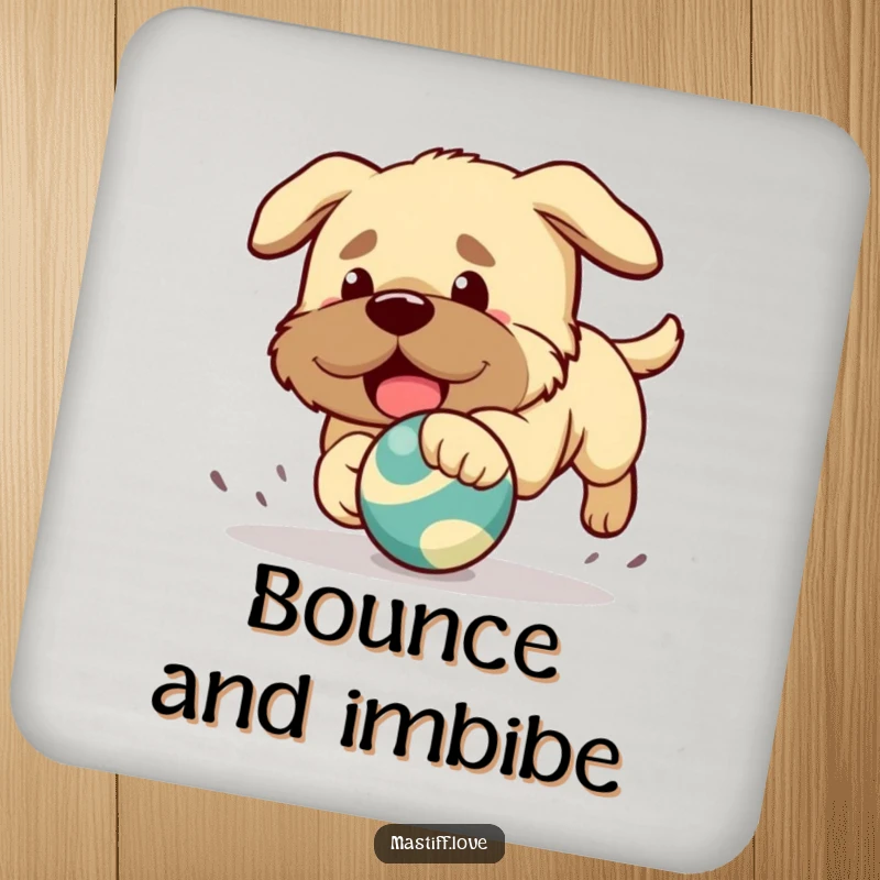 Funny coaster featuring a Kawaii mastiff puppy playfully chasing a bouncing toy, adding charm to any table.