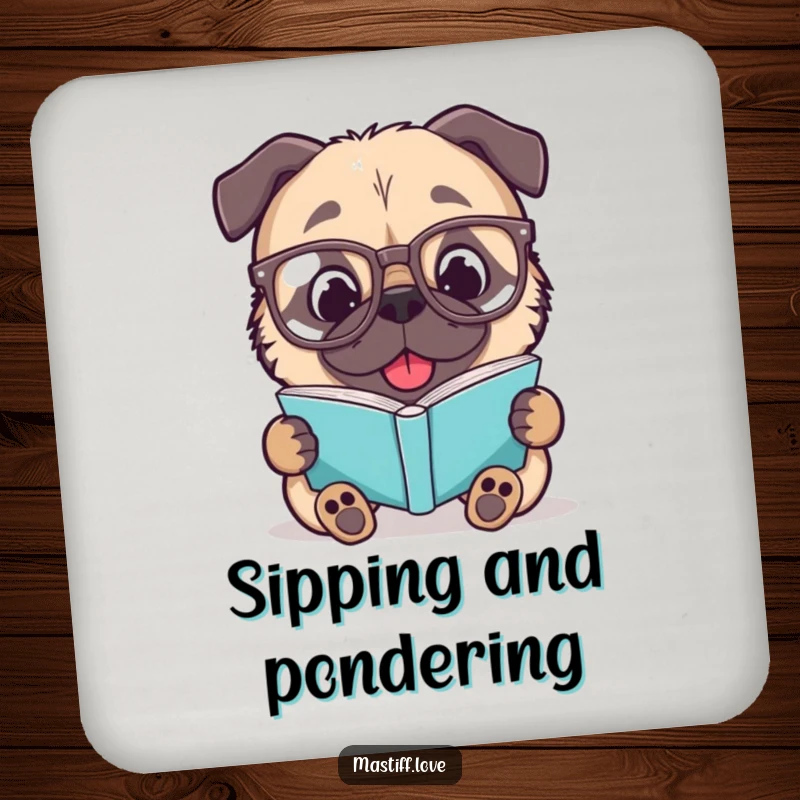 Funny Mastiff Coaster: A delighted dog wearing spectacles reads, protecting surfaces with scholarly flair.