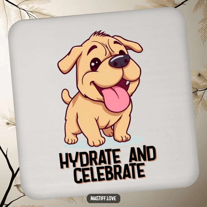 Funny Mastiff coaster showing a happy dog panting its tongue out after a run, perfect for adding humor.