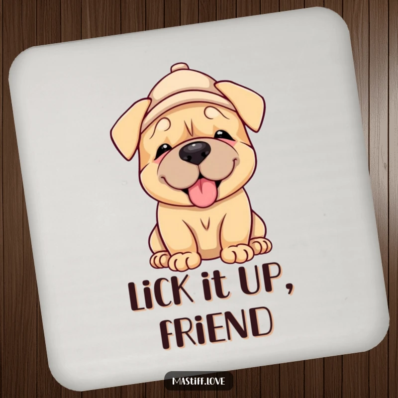 Funny Mastiff Puppy Coaster: a cute mastiff puppy in a hat, giving a gentle lick, adding a touch of playful protection.