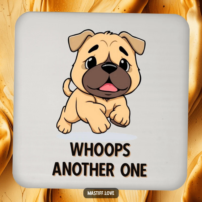 Funny Mastiff Tripping Coaster: A mastiff with big paws trips while running, depicted on this amusing drink coaster for your home.