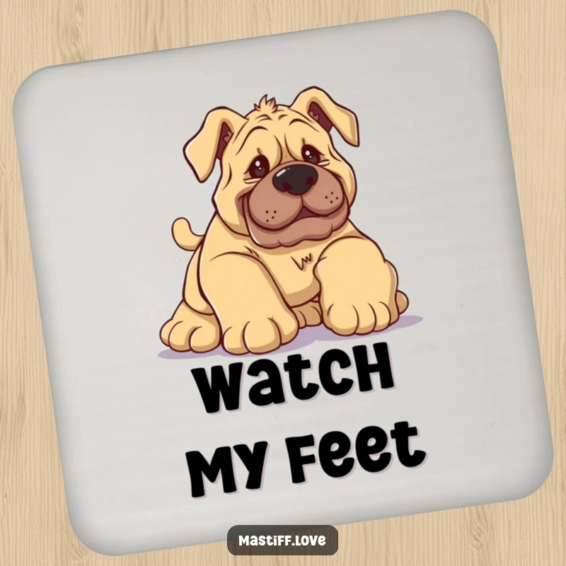 Funny Mastiff Coaster featuring a silly dog hilariously tripping over its own paws with a comical, googly-eyed expression.