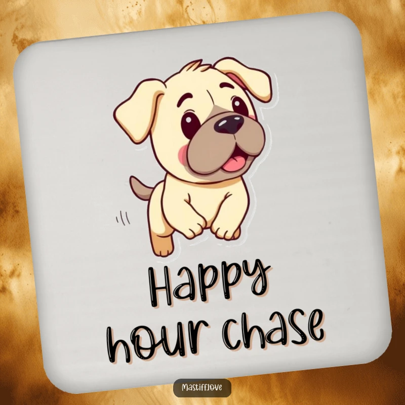 Funny drink coaster featuring a kawaii mastiff with droopy ears, caught in a hilarious, silly chase.