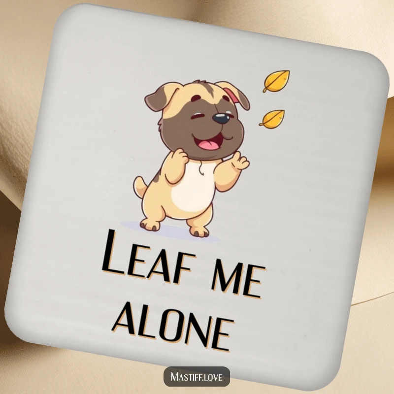 Funny playful mastiff, trying to catch a falling leaf, set of drink coasters, perfect funny gift.