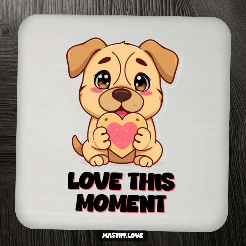 Funny Mastiff Coaster: A delighted Mastiff with adoring eyes offers a heart-shaped cookie, adding charm to surfaces.