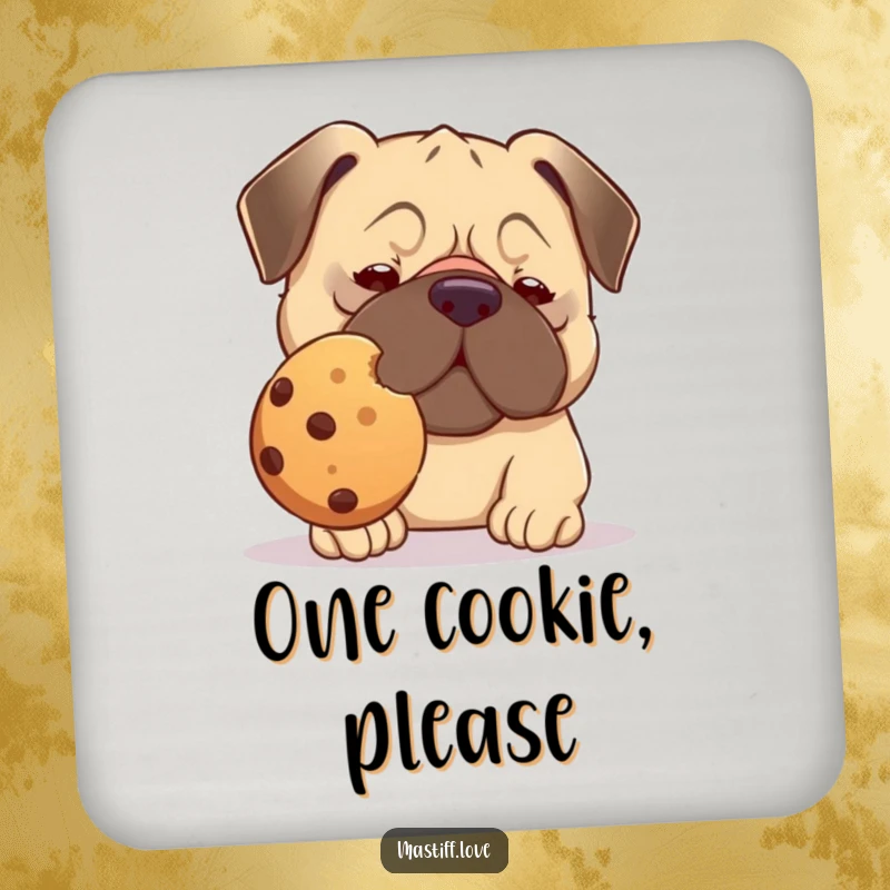 Funny kawaii mastiff coaster, a cute dog balancing a large cookie on its nose, protecting tabletops.