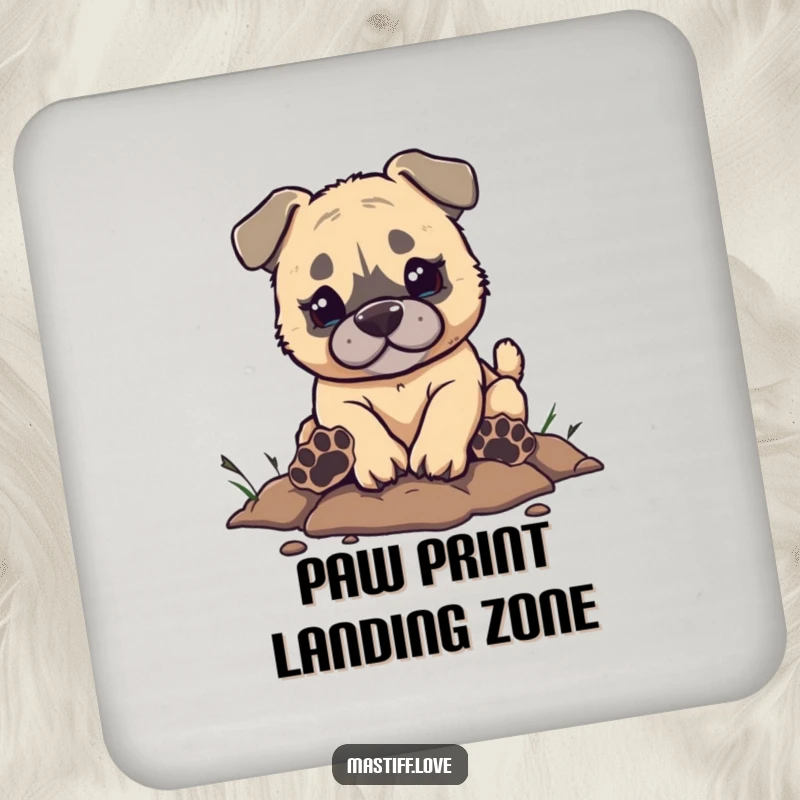 Funny Mastiff Drink Coaster with a small mastiff puppy digging enthusiastically and leaving behind large, comical paw prints.