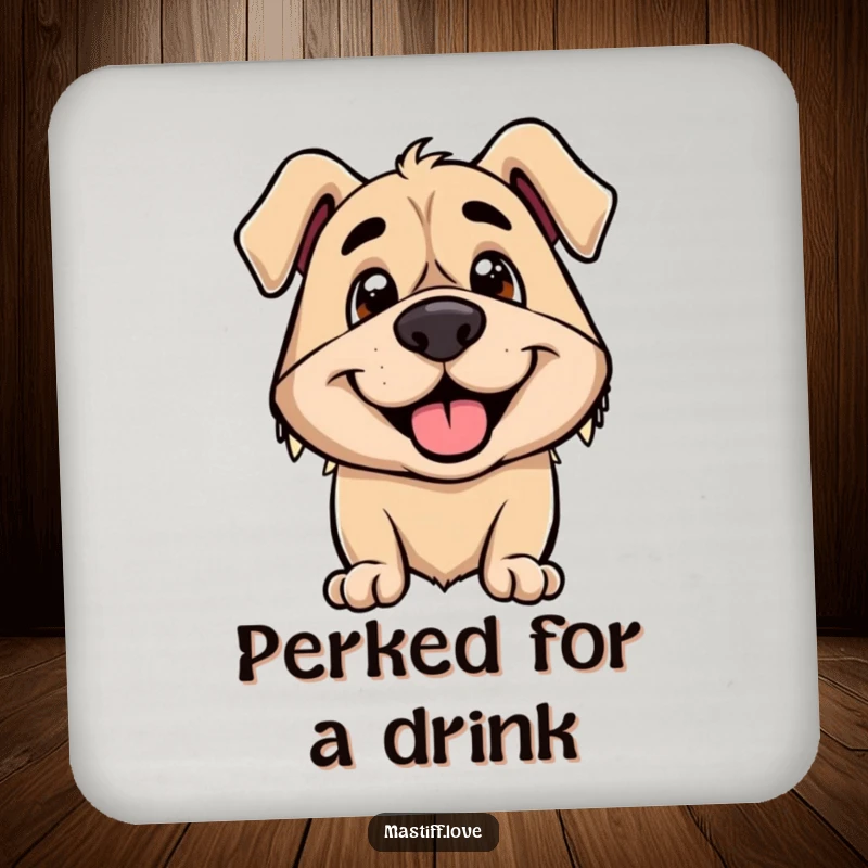 Funny coaster featuring a smiling mastiff with its droopy ears perked high with excitement, adding cheer.