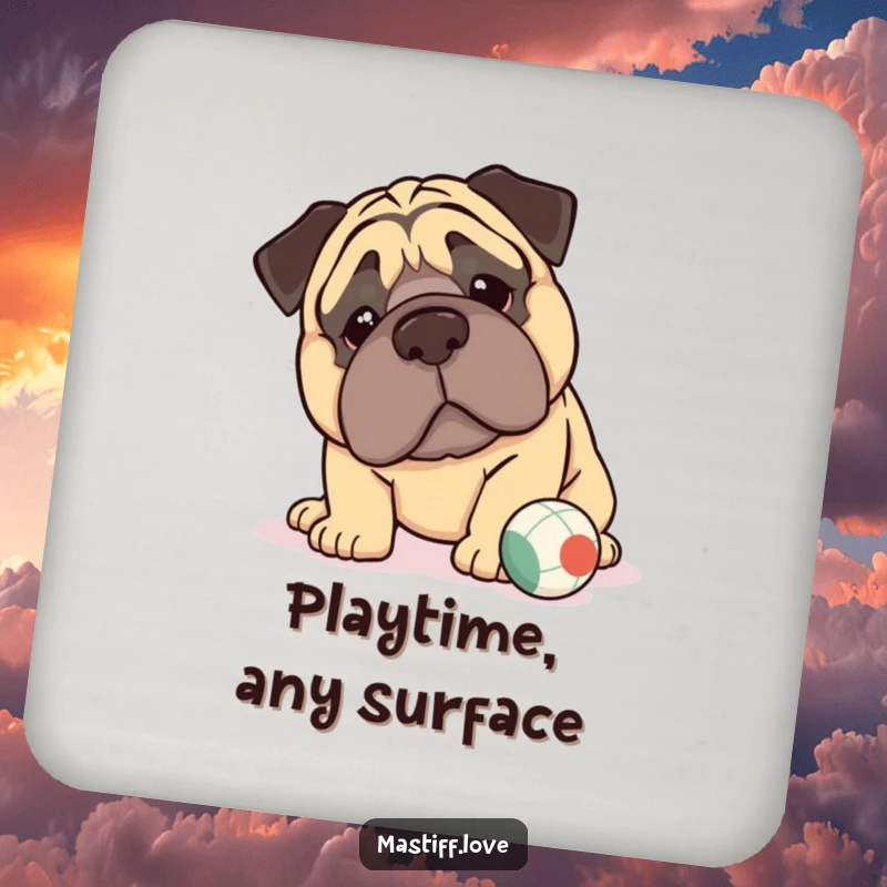 Funny kawaii mastiff coasters (set of 4) protecting surfaces with images of a large-jowled mastiff gently nudging a small ball.