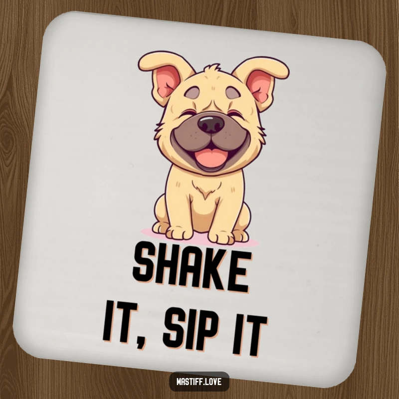Funny kawaii mastiff coasters (set of 4) protecting surfaces with images of a mastiff joyfully shaking its head, its floppy ears flying.