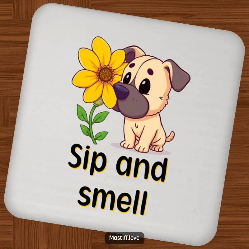 Funny curious mastiff, sniffing a large, brightly colored flower, set of drink coasters, perfect funny gift.