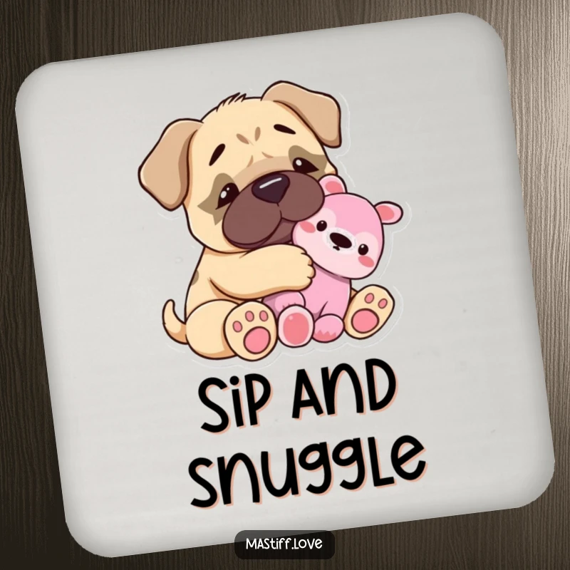 Funny Coasters: A tiny mastiff happily snuggles a plush toy on these coasters. Humorous drink coasters for table protection.