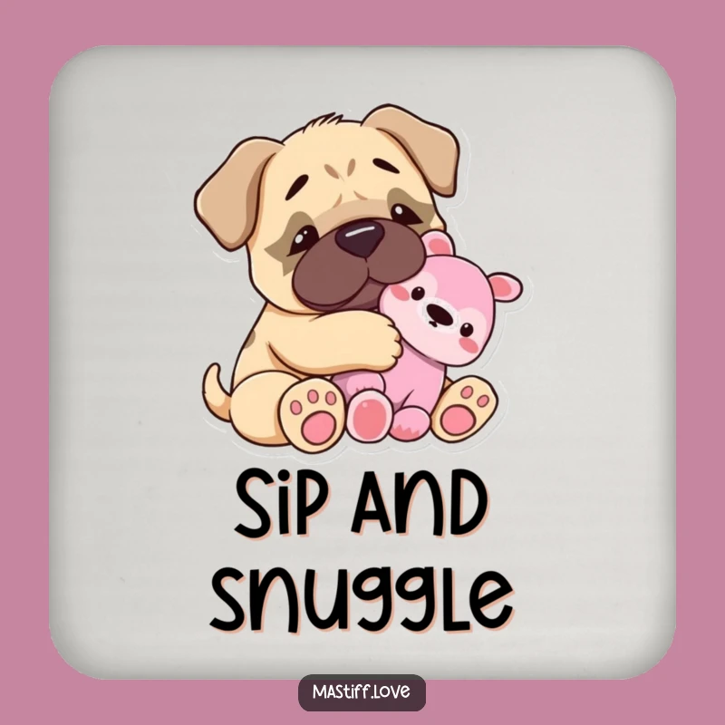 Funny Mastiff Snuggle Coaster Set: Protect with Comfort, Featuring a Tiny Hugging Pup - Humorous Gift!