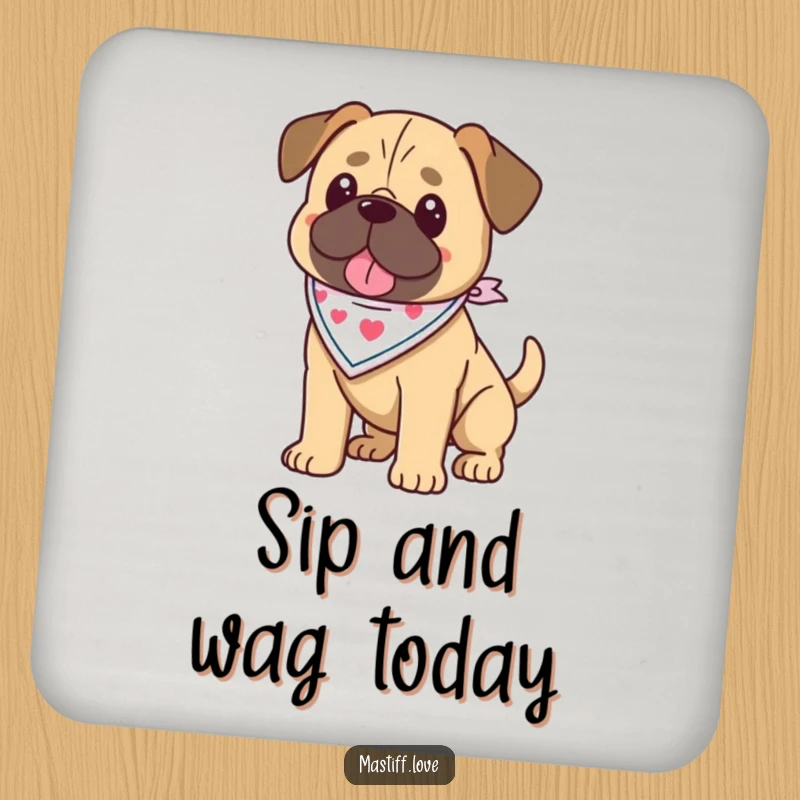 Funny kawaii mastiff coasters (set of 4) protecting surfaces with images of a mastiff wearing a bandana and wagging its tail.