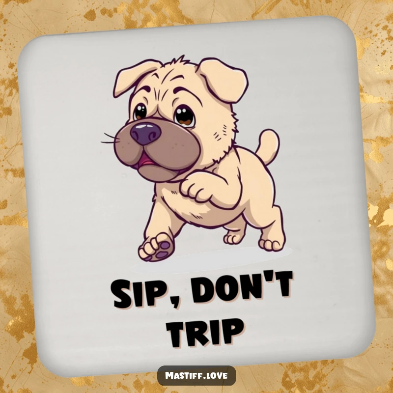 Set of Clumsy Kawaii Mastiff Hop Coasters featuring a cute dog endearingly trying to hop, protecting surfaces with charm.