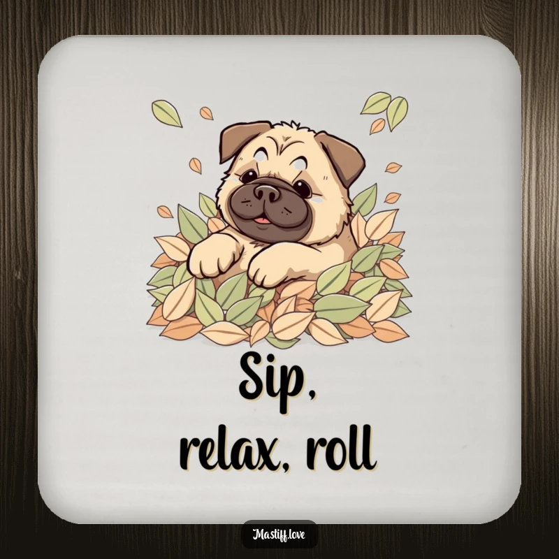 Set of Happy Kawaii Mastiff Leaves Coasters featuring a cute dog joyfully rolling in leaves, protecting surfaces charmingly.