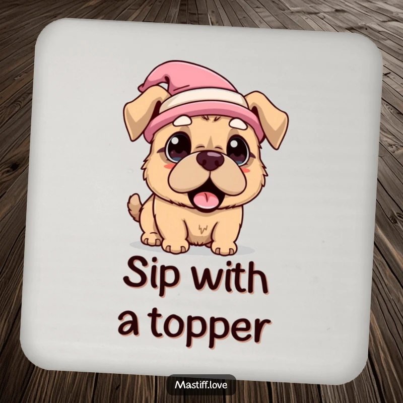 Funny Drink Coasters show a kawaii mastiff dog wearing a funny hat and looking comically surprised, adding a humorous touch.