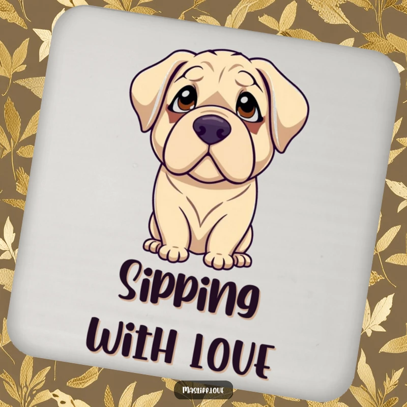 Funny mastiff coasters featuring a gentle dog with droopy eyes looking up with adoration, protecting surfaces with loving charm.