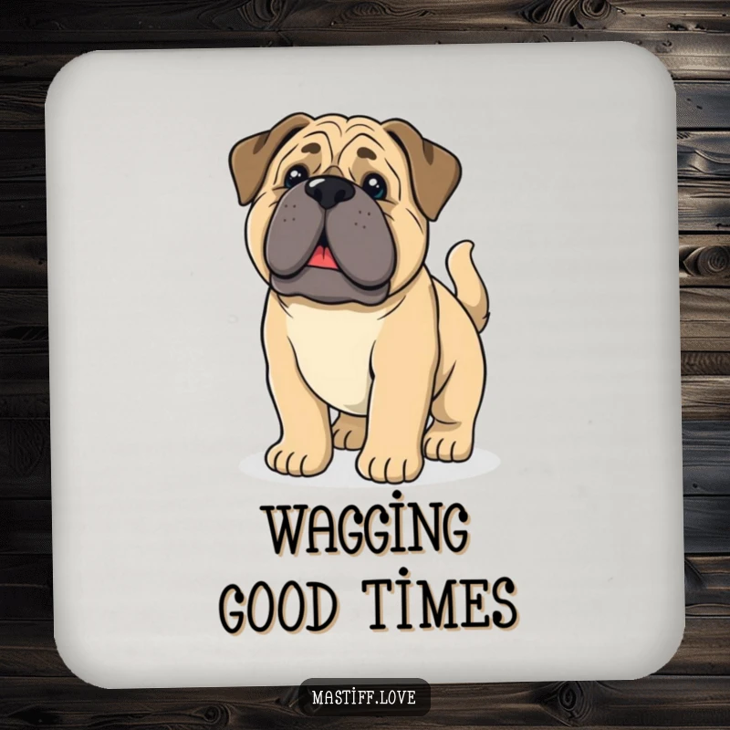 Funny mastiff puppy with droopy ears and a wagging tail, featured on drink coasters for stylish table protection.