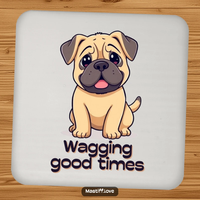 Funny kawaii mastiff coaster, a dog with floppy ears and a wagging tail, protecting surfaces.